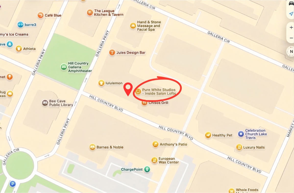 Map showing Pure White Studios at Hill Country Galleria, 12700 Hill Country Blvd, Bee Cave TX
